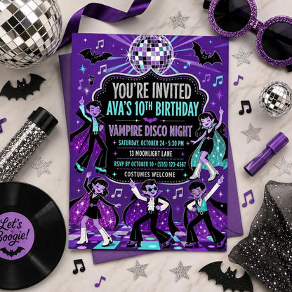 Vampire Disco Birthday Invitation, Halloween Dance Party Invite for Kids, Editable Canva Template, Instant Download