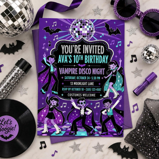 Vampire Disco Birthday Invitation, Halloween Dance Party Invite for Kids, Editable Canva Template, Instant Download