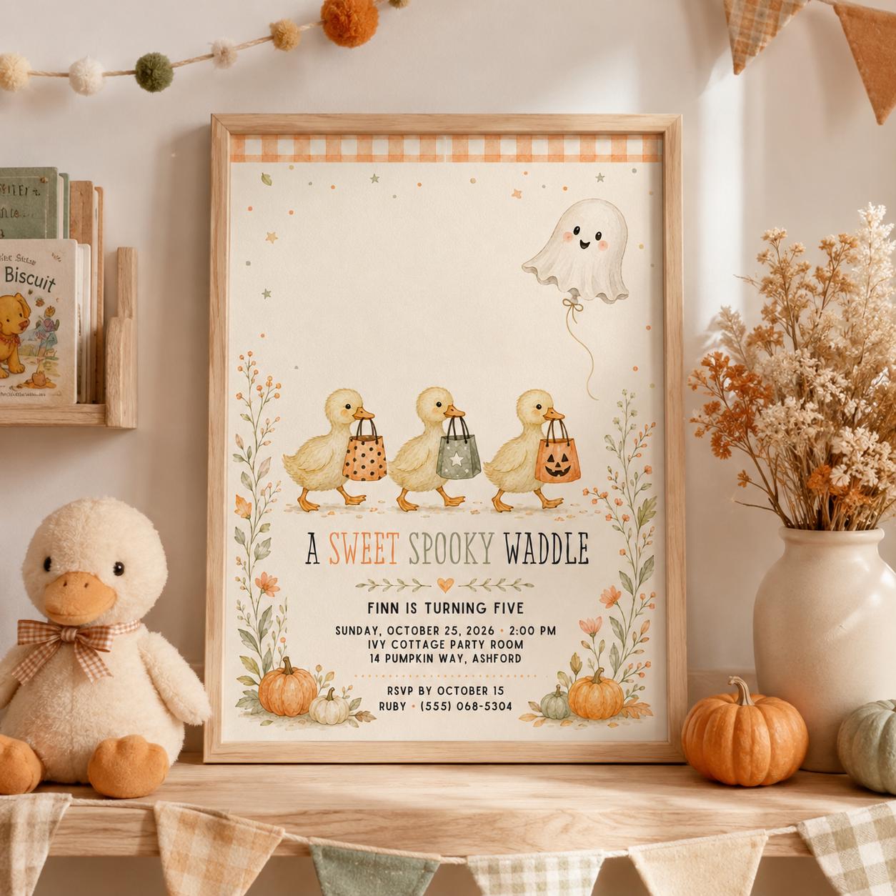 Fall Goose Birthday Invitation, Autumn Pumpkin Party Invite, Halloween Kids Birthday Canva Template
