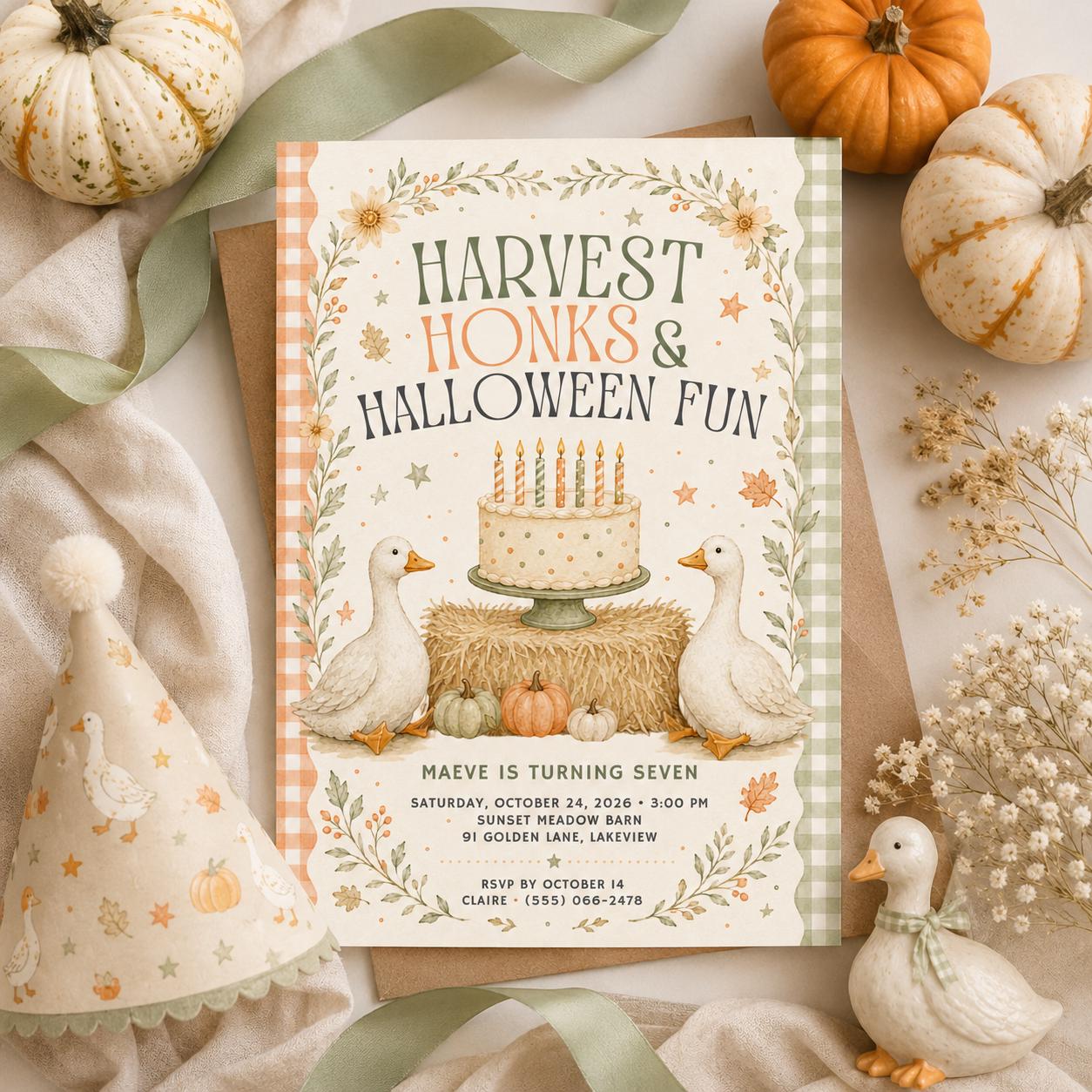 Fall Goose Birthday Invitation, Autumn Pumpkin Party Invite, Halloween Kids Birthday Canva Template