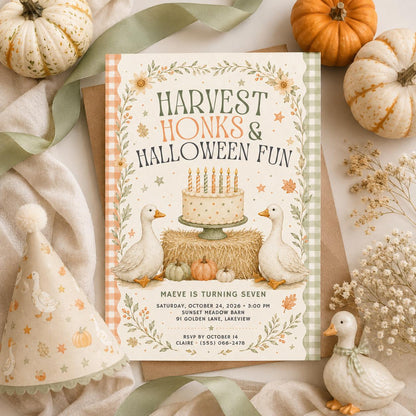 Fall Goose Birthday Invitation, Autumn Pumpkin Party Invite, Halloween Kids Birthday Canva Template