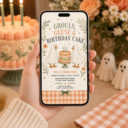 Fall Goose Birthday Invitation, Autumn Pumpkin Party Invite, Halloween Kids Birthday Canva Template