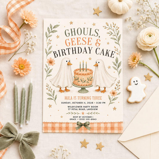 Fall Goose Birthday Invitation, Autumn Pumpkin Party Invite, Halloween Kids Birthday Canva Template