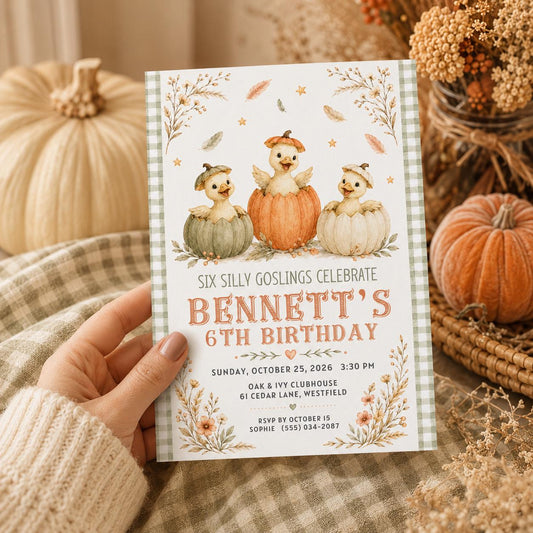 Fall Goose Birthday Invitation, Autumn Pumpkin Party Invite, Halloween Kids Birthday Canva Template