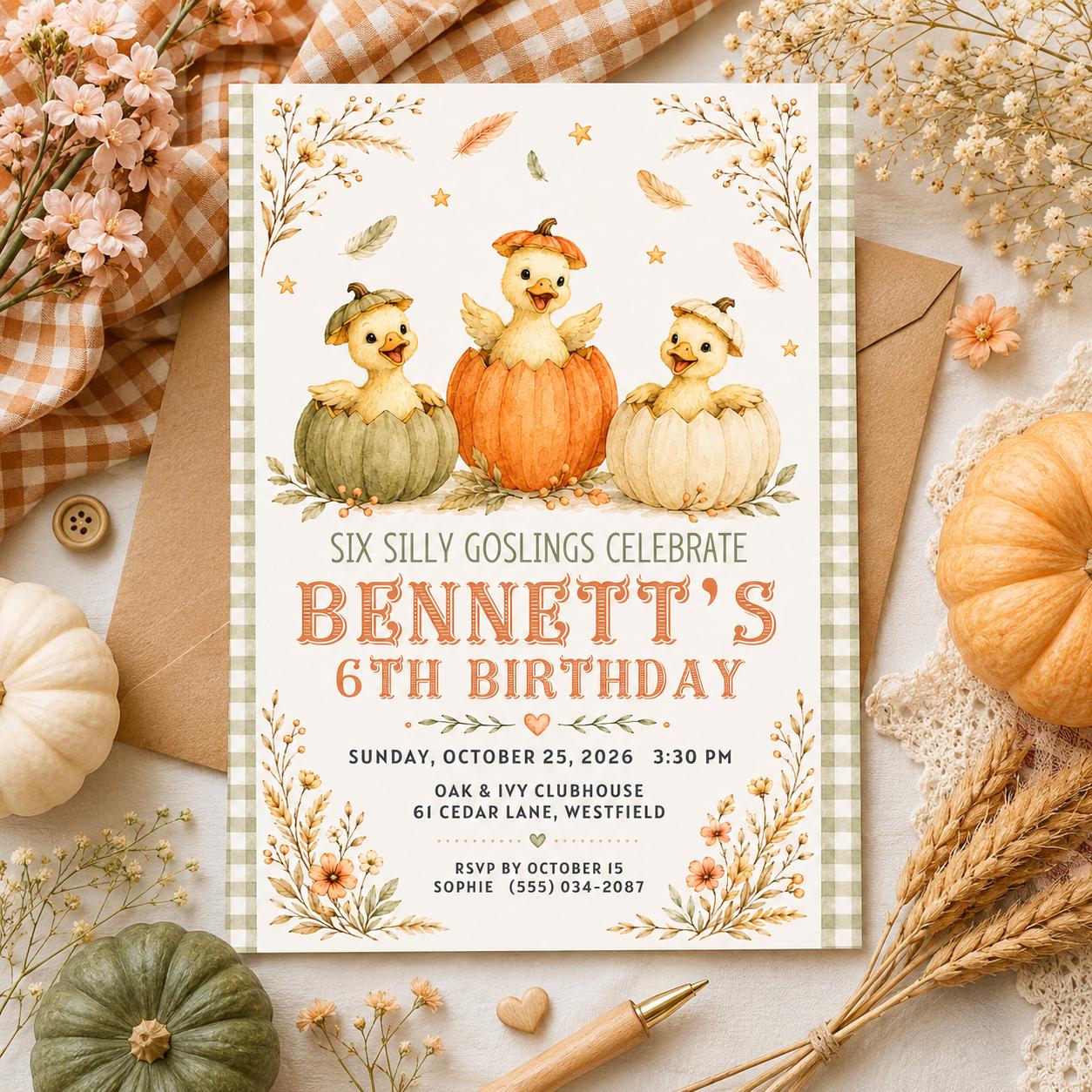 Fall Goose Birthday Invitation, Autumn Pumpkin Party Invite, Halloween Kids Birthday Canva Template