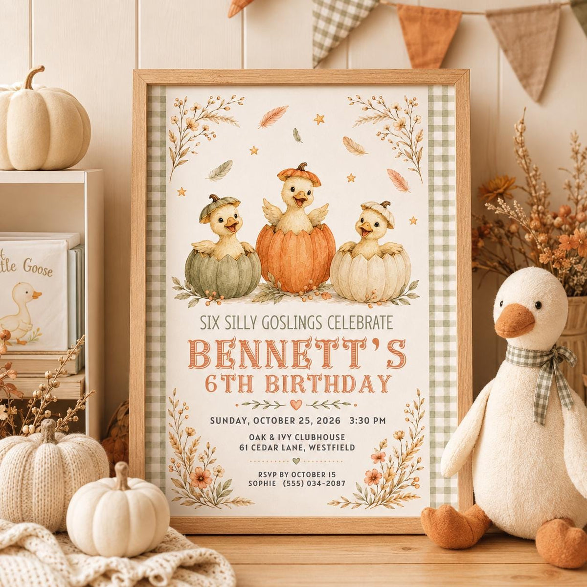 Fall Goose Birthday Invitation, Autumn Pumpkin Party Invite, Halloween Kids Birthday Canva Template