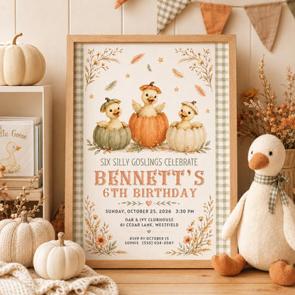 Fall Goose Birthday Invitation, Autumn Pumpkin Party Invite, Halloween Kids Birthday Canva Template