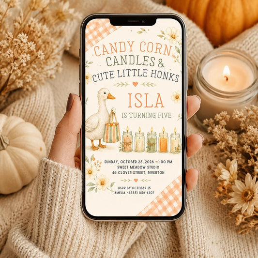 Fall Goose Birthday Invitation, Autumn Pumpkin Party Invite, Halloween Kids Birthday Canva Template