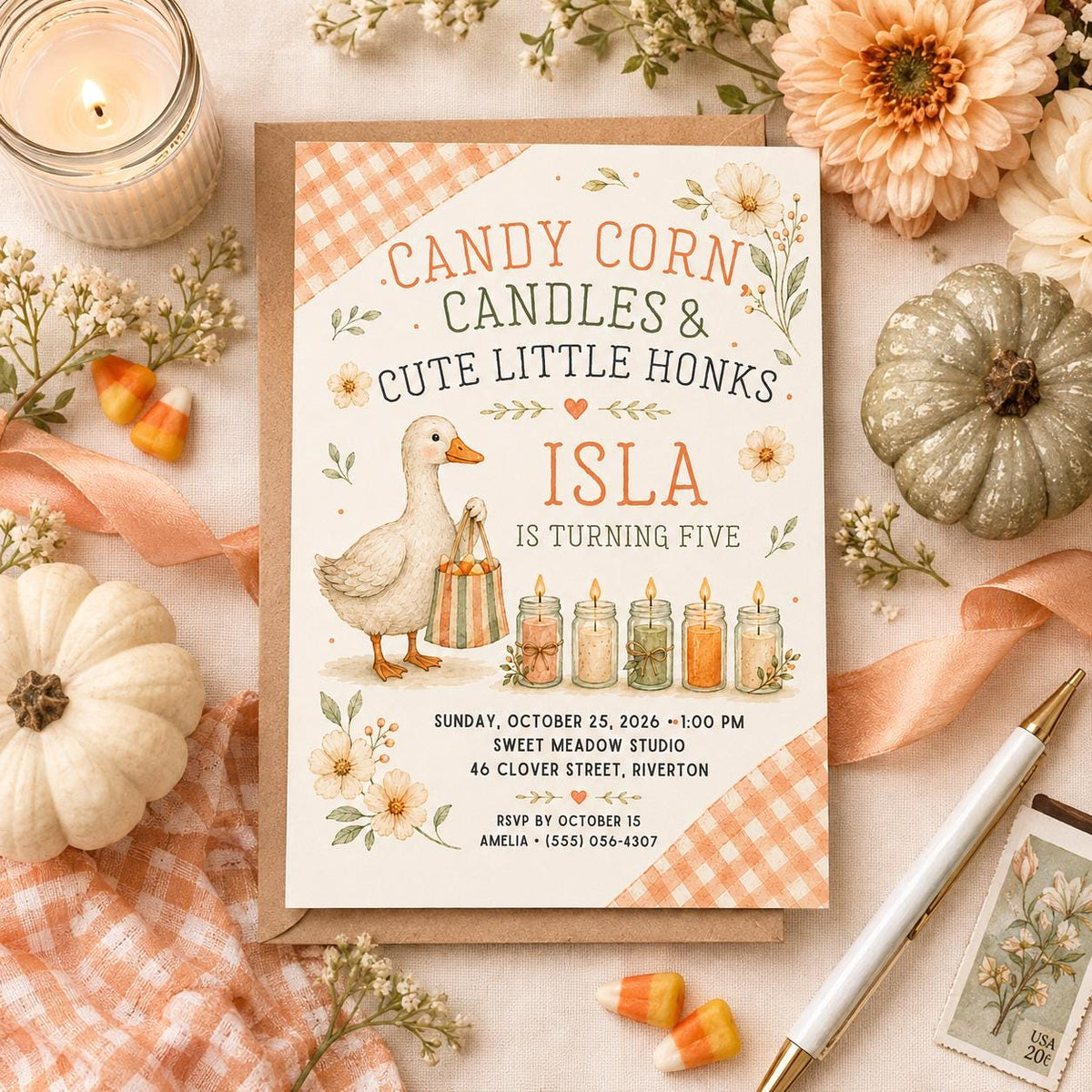 Fall Goose Birthday Invitation, Autumn Pumpkin Party Invite, Halloween Kids Birthday Canva Template