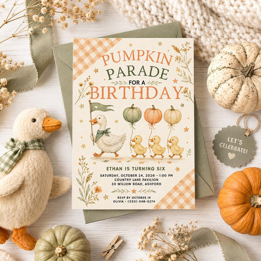 Fall Goose Birthday Invitation, Autumn Pumpkin Party Invite, Halloween Kids Birthday Canva Template
