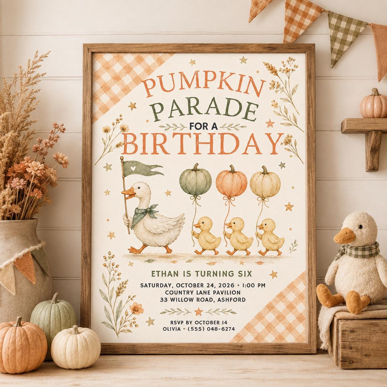 Fall Goose Birthday Invitation, Autumn Pumpkin Party Invite, Halloween Kids Birthday Canva Template