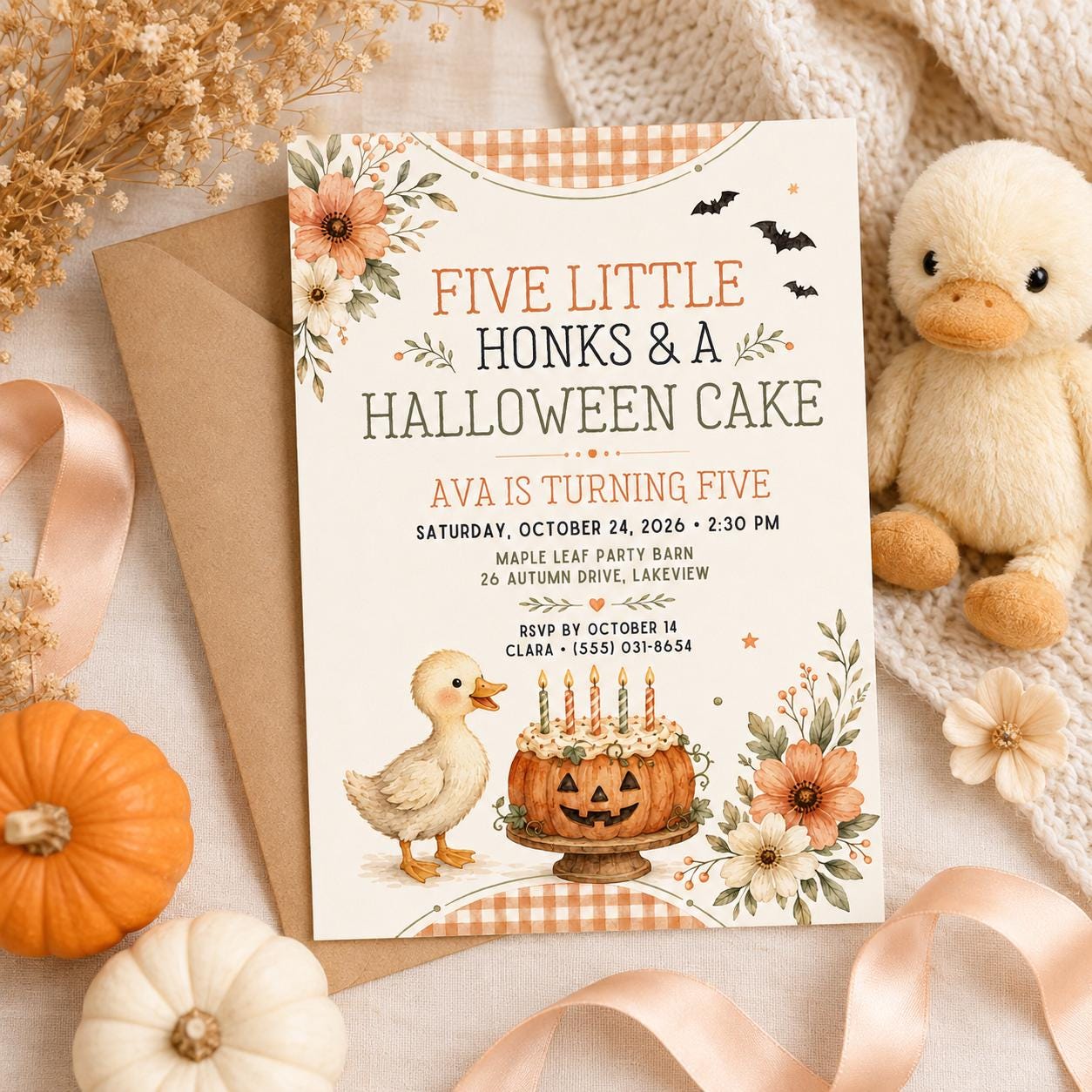 Fall Goose Birthday Invitation, Autumn Pumpkin Party Invite, Halloween Kids Birthday Canva Template