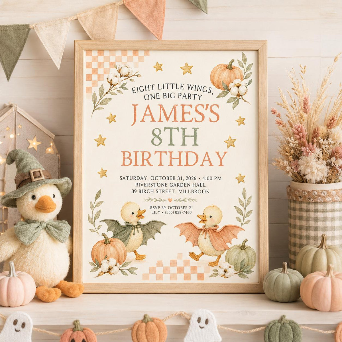 Fall Goose Birthday Invitation, Autumn Pumpkin Party Invite, Halloween Kids Birthday Canva Template