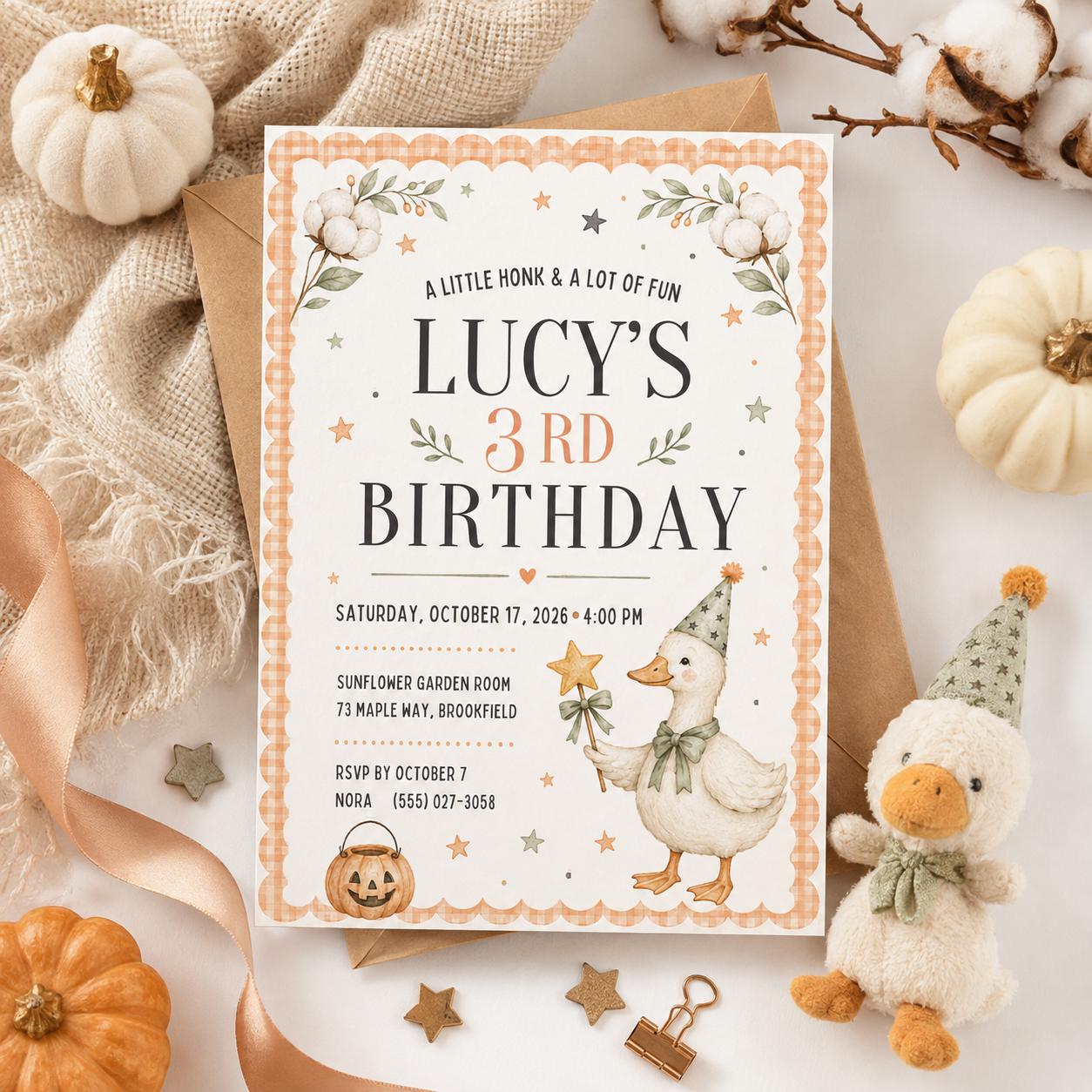 Fall Goose Birthday Invitation, Autumn Pumpkin Party Invite, Halloween Kids Birthday Canva Template
