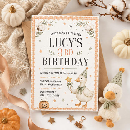 Fall Goose Birthday Invitation, Autumn Pumpkin Party Invite, Halloween Kids Birthday Canva Template