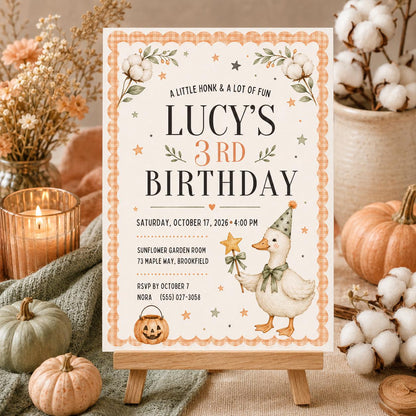 Fall Goose Birthday Invitation, Autumn Pumpkin Party Invite, Halloween Kids Birthday Canva Template