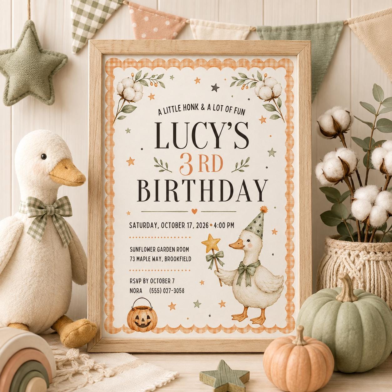 Fall Goose Birthday Invitation, Autumn Pumpkin Party Invite, Halloween Kids Birthday Canva Template
