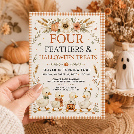 Fall Goose Birthday Invitation, Autumn Pumpkin Party Invite, Halloween Kids Birthday Canva Template