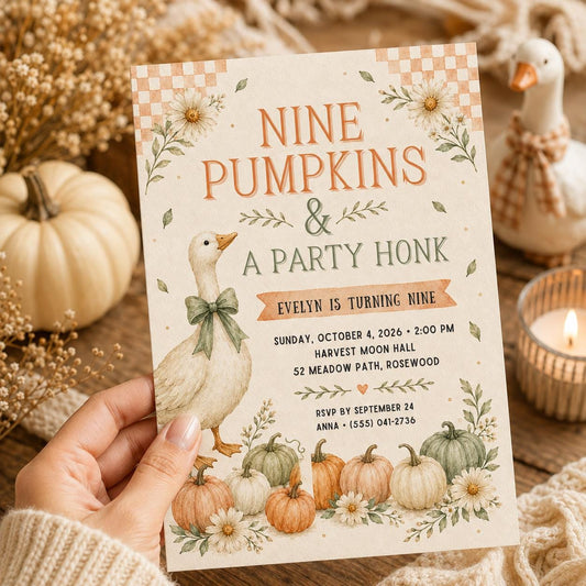 Fall Goose Birthday Invitation, Autumn Pumpkin Party Invite, Halloween Kids Birthday Canva Template