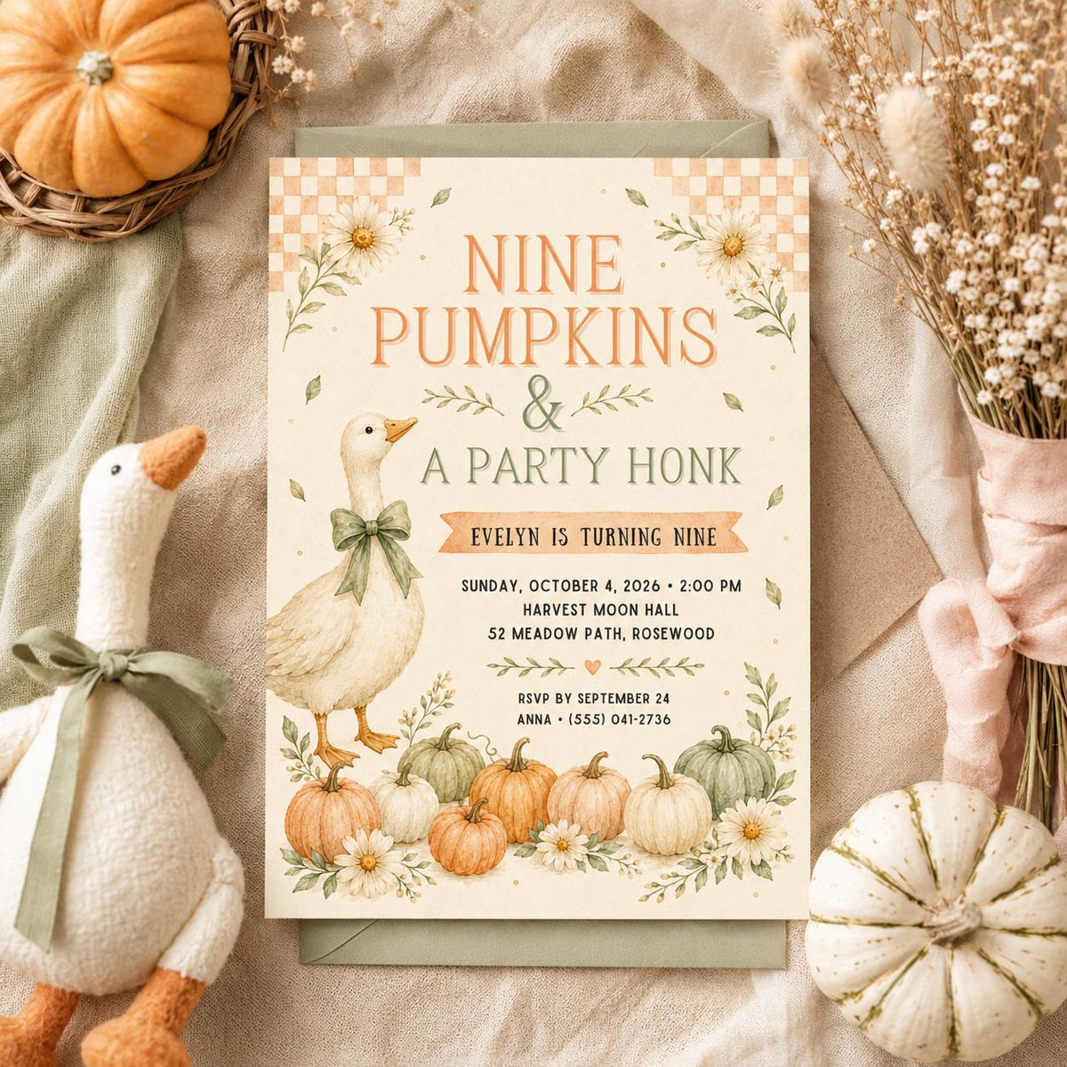 Fall Goose Birthday Invitation, Autumn Pumpkin Party Invite, Halloween Kids Birthday Canva Template