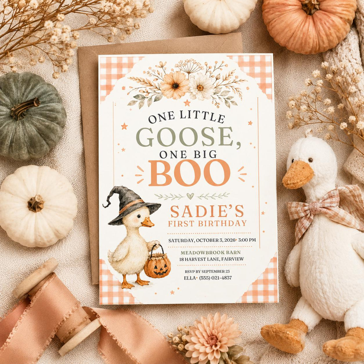 Fall Goose Birthday Invitation, Autumn Pumpkin Party Invite, Halloween Kids Birthday Canva Template
