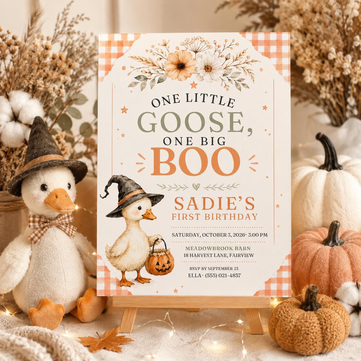 Fall Goose Birthday Invitation, Autumn Pumpkin Party Invite, Halloween Kids Birthday Canva Template