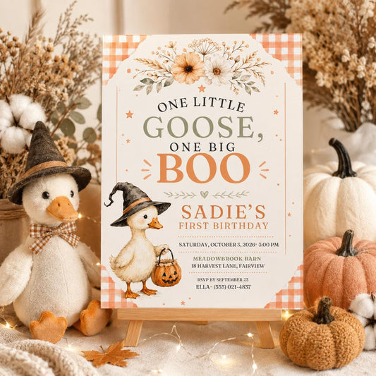 Fall Goose Birthday Invitation, Autumn Pumpkin Party Invite, Halloween Kids Birthday Canva Template