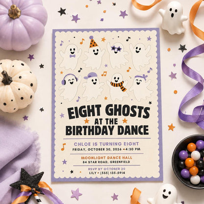 Ghost Halloween Birthday Invitation, Spooky Dance Party Invite, Cute Ghost Kids Birthday, Editable Canva Template