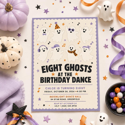 Ghost Halloween Birthday Invitation, Spooky Dance Party Invite, Cute Ghost Kids Birthday, Editable Canva Template