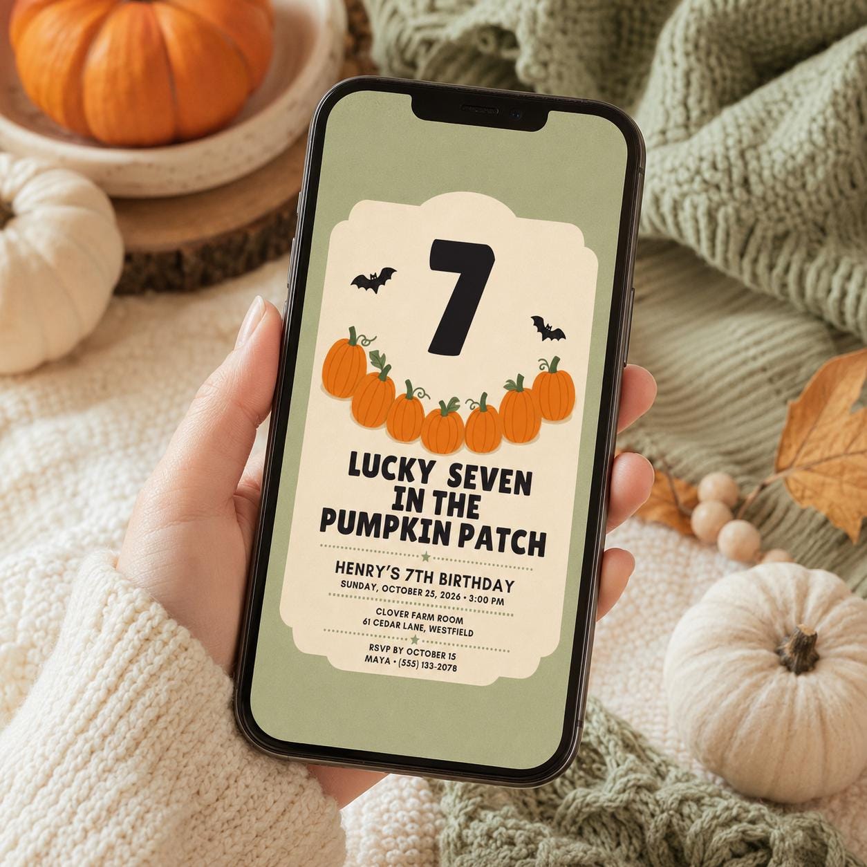 Pumpkin Patch 7th Birthday Invitation, Fall Halloween Birthday Party Invite, Lucky Seven Kids Invite, Editable Canva Template