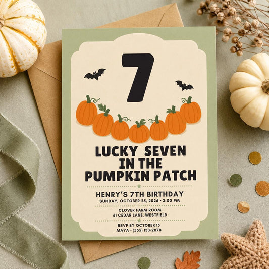 Pumpkin Patch 7th Birthday Invitation, Fall Halloween Birthday Party Invite, Lucky Seven Kids Invite, Editable Canva Template