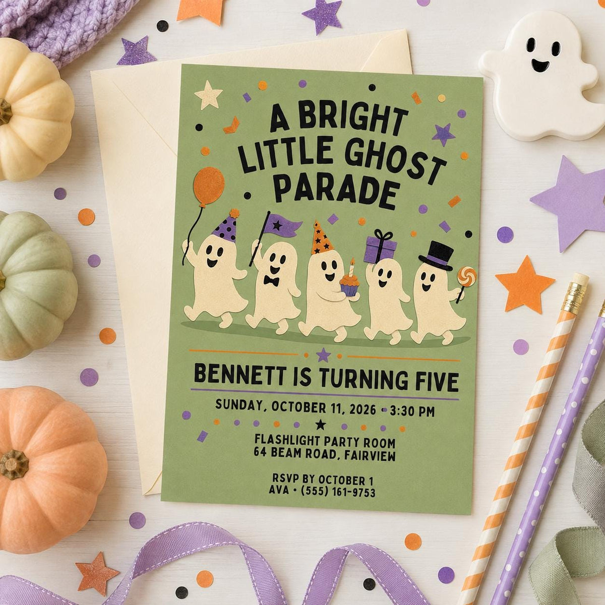 Cute Ghost Halloween Birthday Invitation, Ghost Parade Kids Party Invite, Spooky 5th Birthday, Editable Canva Template