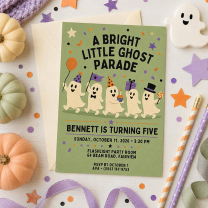 Cute Ghost Halloween Birthday Invitation, Ghost Parade Kids Party Invite, Spooky 5th Birthday, Editable Canva Template