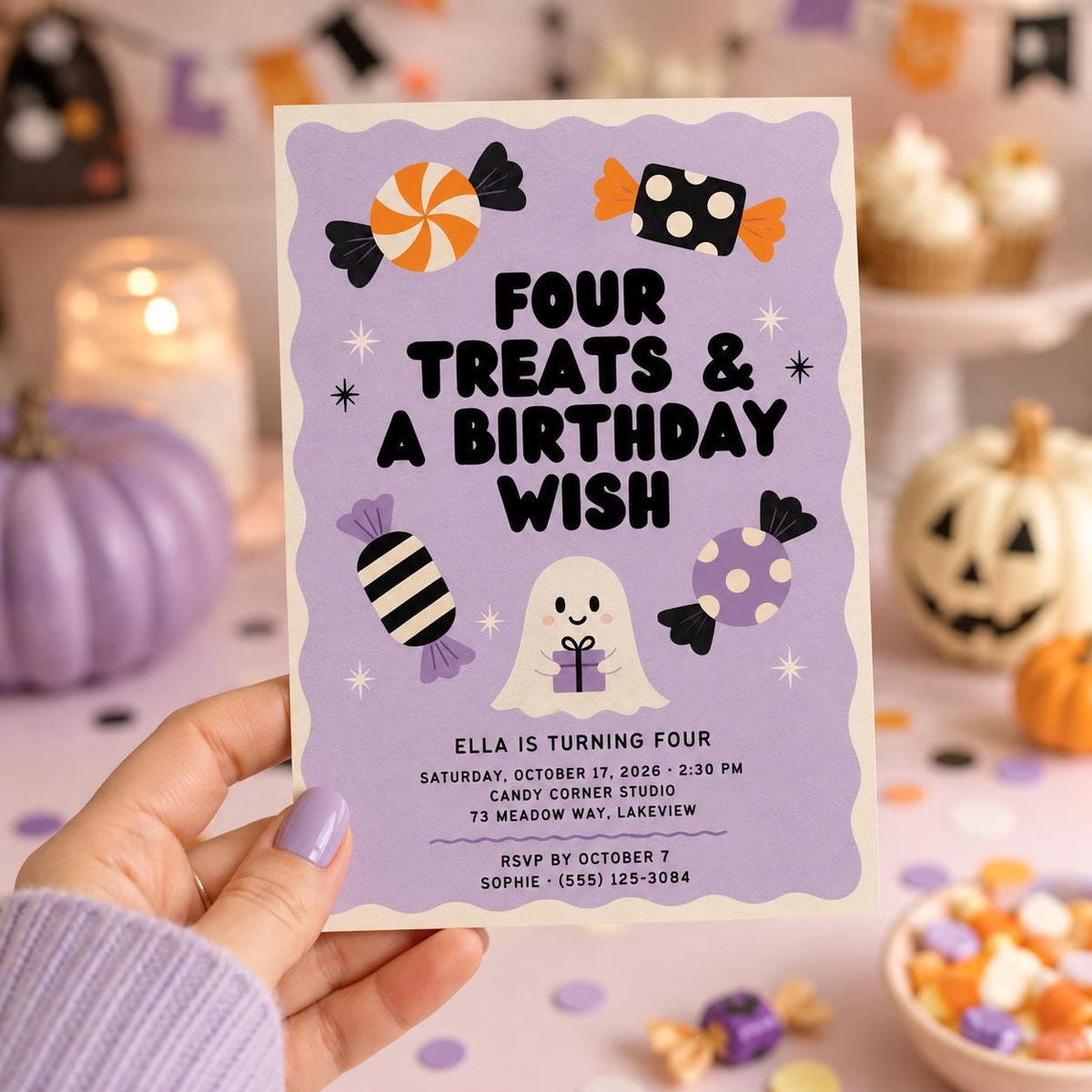 Cute Ghost 4th Birthday Invitation, Halloween Candy Party Invite, Spooky Kids Birthday, Editable Canva Template
