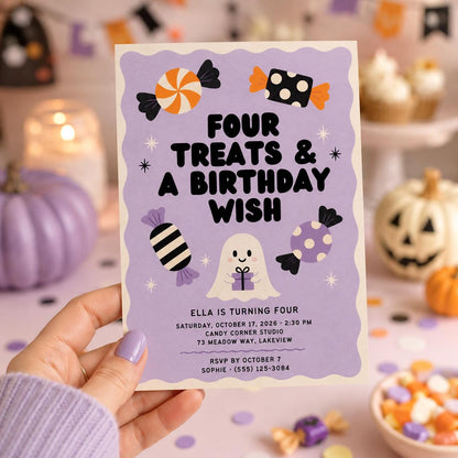 Cute Ghost 4th Birthday Invitation, Halloween Candy Party Invite, Spooky Kids Birthday, Editable Canva Template