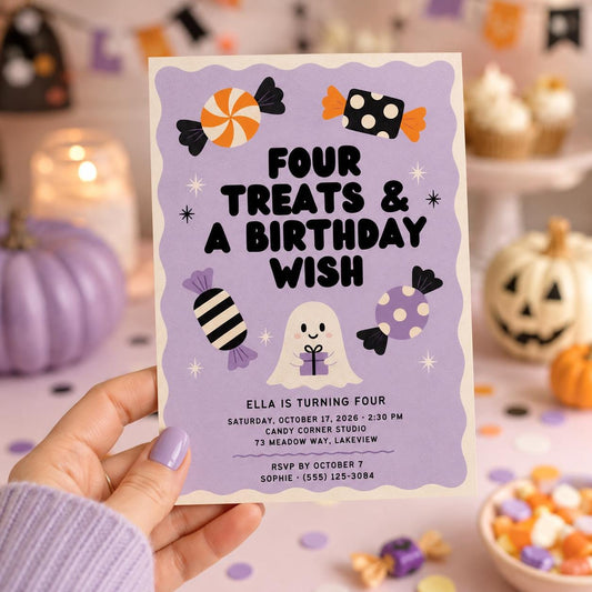 Cute Ghost 4th Birthday Invitation, Halloween Candy Party Invite, Spooky Kids Birthday, Editable Canva Template