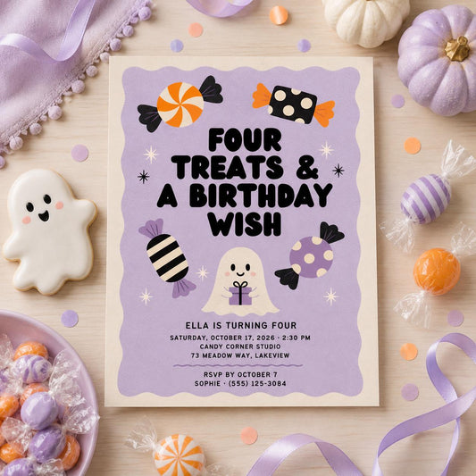 Cute Ghost 4th Birthday Invitation, Halloween Candy Party Invite, Spooky Kids Birthday, Editable Canva Template