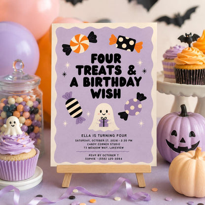 Cute Ghost 4th Birthday Invitation, Halloween Candy Party Invite, Spooky Kids Birthday, Editable Canva Template