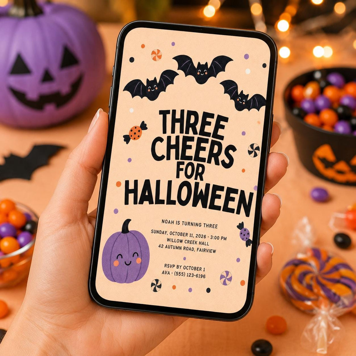Halloween 3rd Birthday Invitation, Cute Bat Pumpkin Party Invite, Spooky Kids Birthday, Editable Canva Template