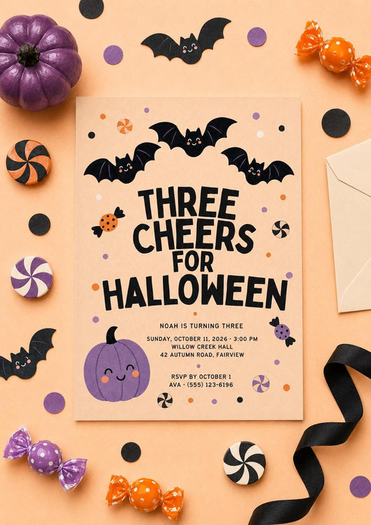 Halloween 3rd Birthday Invitation, Cute Bat Pumpkin Party Invite, Spooky Kids Birthday, Editable Canva Template