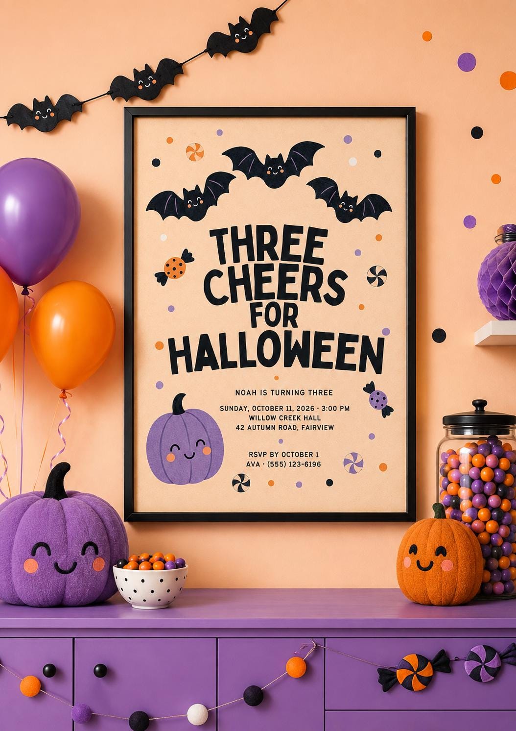 Halloween 3rd Birthday Invitation, Cute Bat Pumpkin Party Invite, Spooky Kids Birthday, Editable Canva Template
