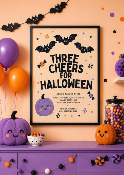 Halloween 3rd Birthday Invitation, Cute Bat Pumpkin Party Invite, Spooky Kids Birthday, Editable Canva Template