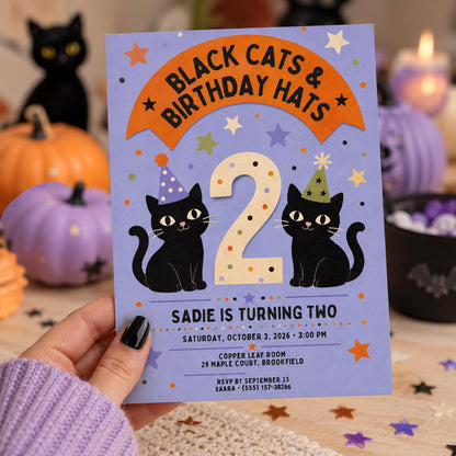 Black Cat 2nd Birthday Invitation, Halloween Kitty Party Invite, Spooky Kids Birthday, Editable Canva Template