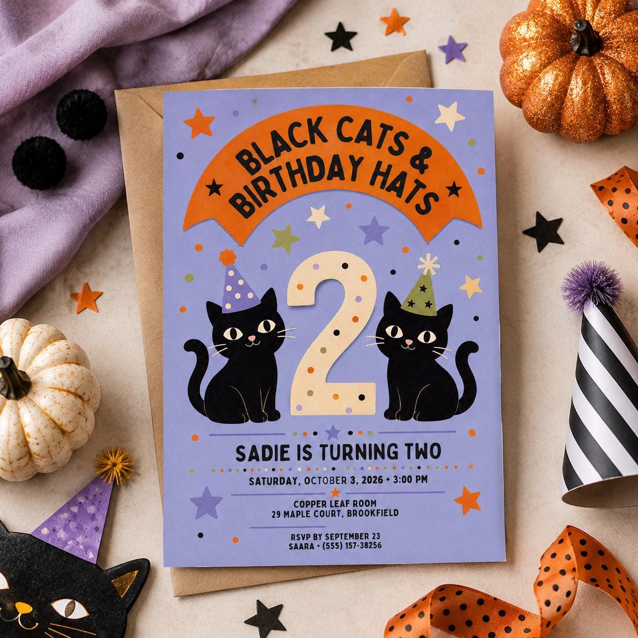 Black Cat 2nd Birthday Invitation, Halloween Kitty Party Invite, Spooky Kids Birthday, Editable Canva Template