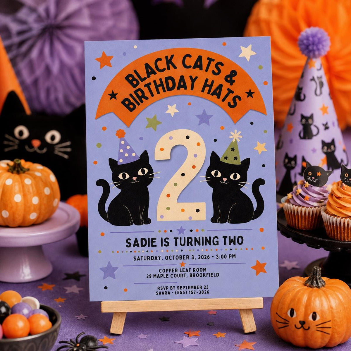Black Cat 2nd Birthday Invitation, Halloween Kitty Party Invite, Spooky Kids Birthday, Editable Canva Template