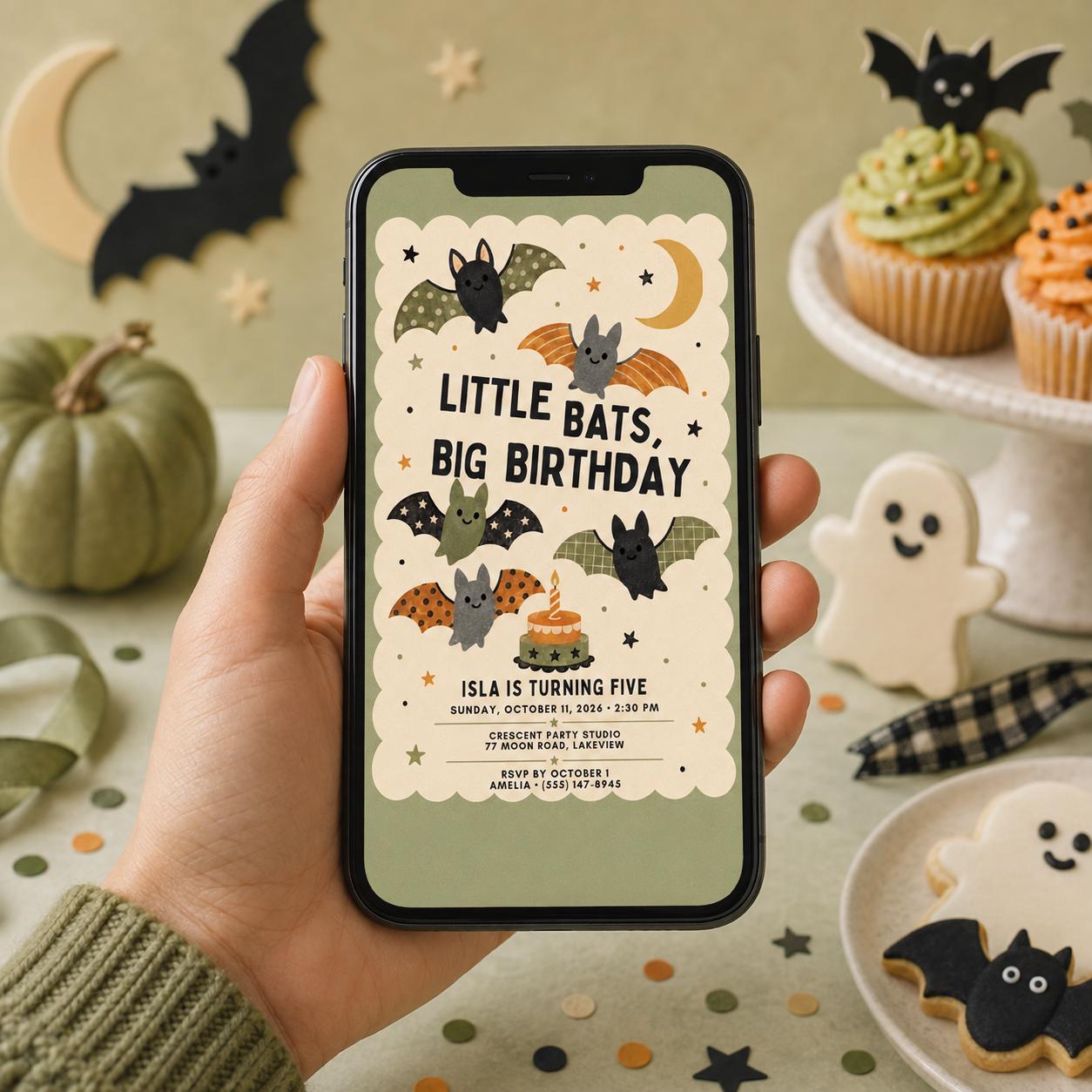 Cute Bat Halloween Birthday Invitation, Little Bats Kids Birthday Party Invite, Spooky Fall Birthday, Editable Canva Template