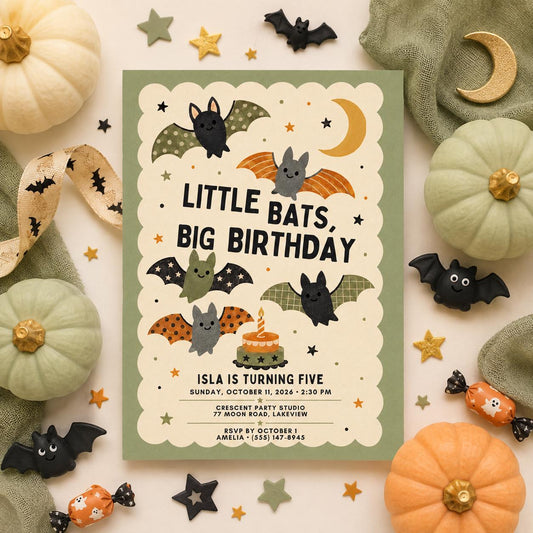 Cute Bat Halloween Birthday Invitation, Little Bats Kids Birthday Party Invite, Spooky Fall Birthday, Editable Canva Template
