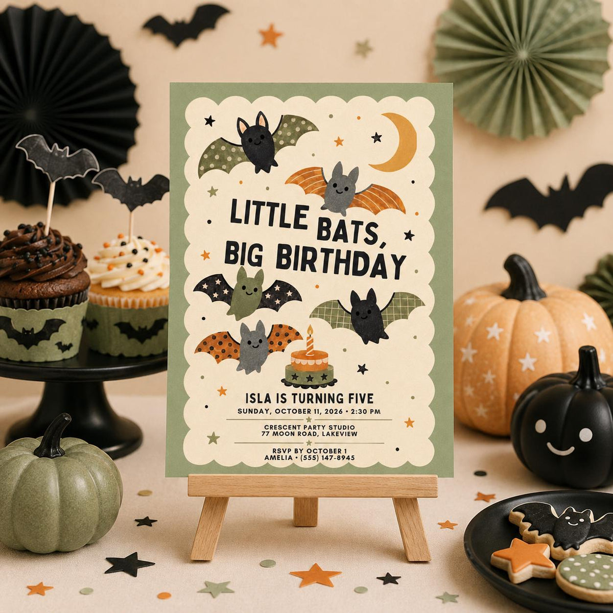 Cute Bat Halloween Birthday Invitation, Little Bats Kids Birthday Party Invite, Spooky Fall Birthday, Editable Canva Template