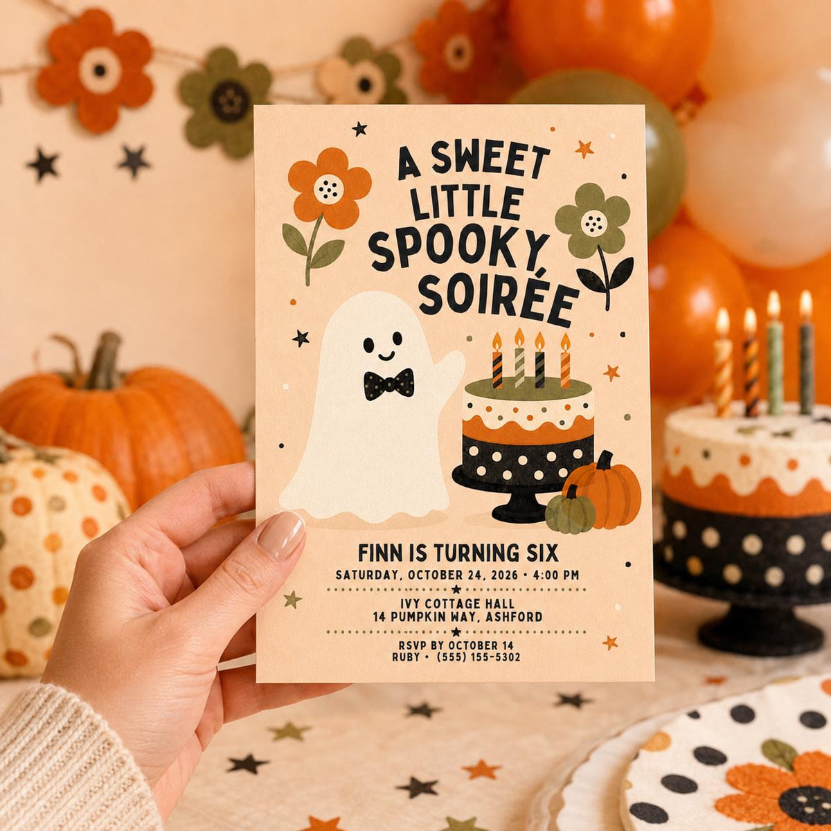 Cute Ghost Halloween Birthday Invitation, Spooky Soiree Kids Party Invite, Pumpkin Birthday, Editable Canva Template