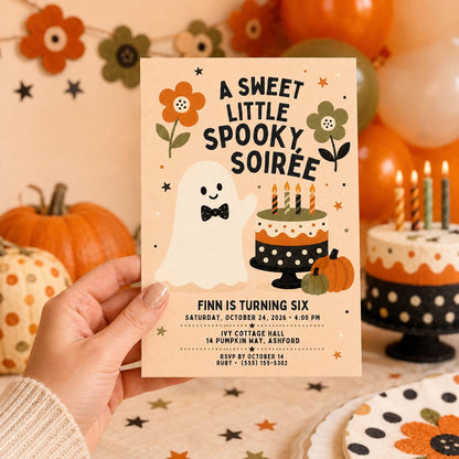 Cute Ghost Halloween Birthday Invitation, Spooky Soiree Kids Party Invite, Pumpkin Birthday, Editable Canva Template